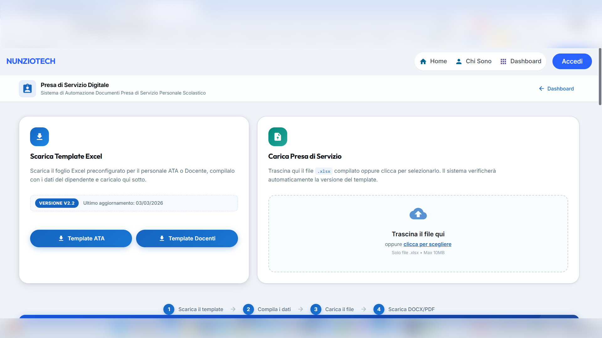 Screenshot della pagina principale con i pulsanti di download Template ATA e Template Docenti