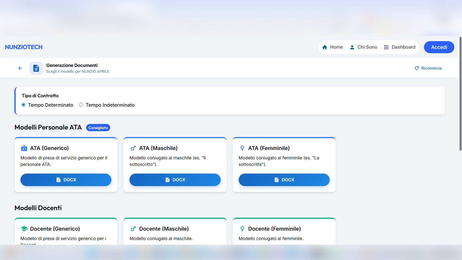 Screenshot della pagina di generazione con il pulsante per scaricare il documento Word